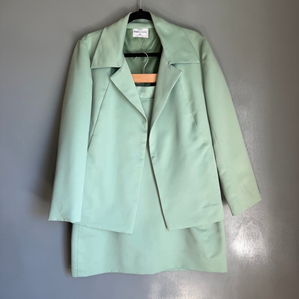 Vintage PARIS ORIGINAL Women's Med Mint Blazer Skirt Set Retro 70's Chic City